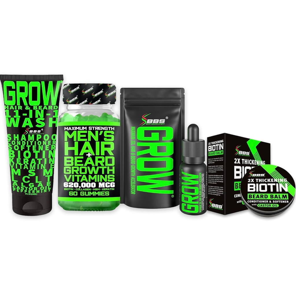 Habemekasvu komplekt w / biotiini karvakasvu vitamiinid + GROW 11-in-1 juuste kasvu šampoon w / biotiin + 2X paksendav vunts vaha meestele + GROW habe kasvuõli meestele - formuleeritud Ameerikas
