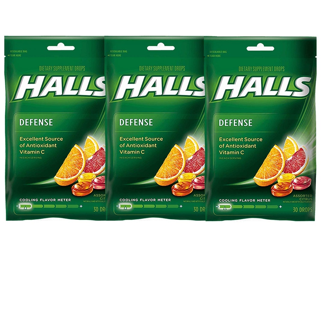 Halls Defense C-vitamiin tilgad sorteeritud tsitrusviljad - 30 ct, pakend 3