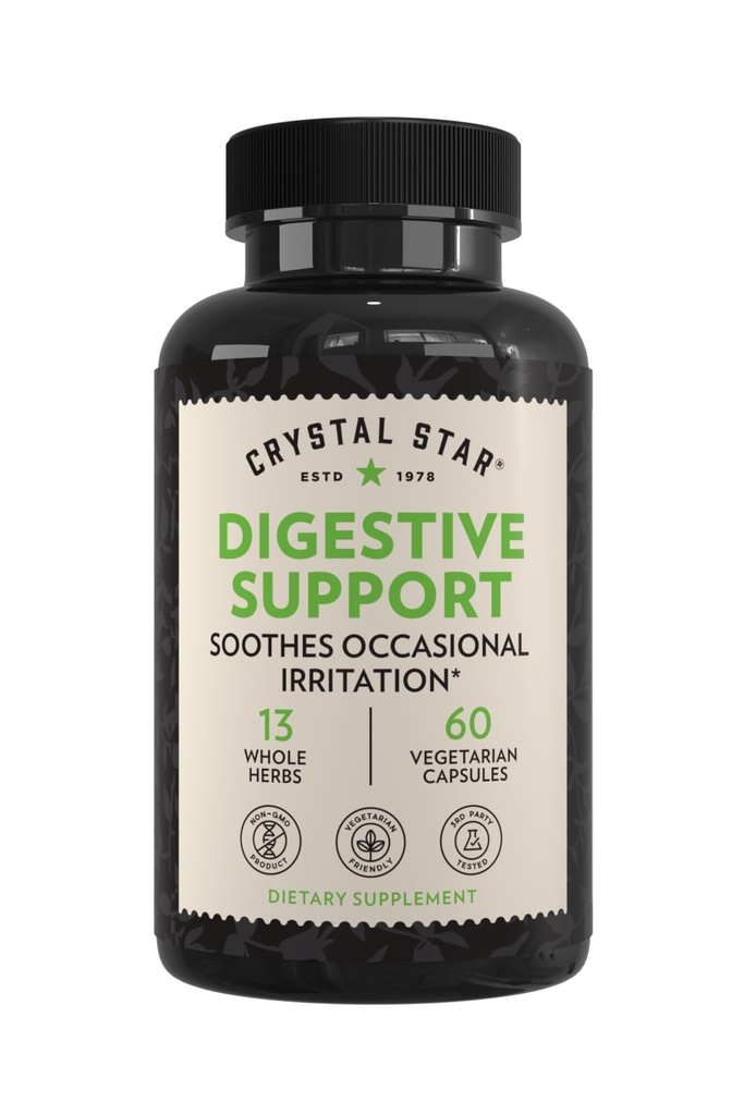 Crystal Star Digestive Support Supplement (60 kapslit) - Taimne soolestiku tervise täiendada, mis aitab aeg-ajalt gaasi ja puhumine - piparmünt, Aloe Vera, Slippery Elm & Ginger - Non-GMO
