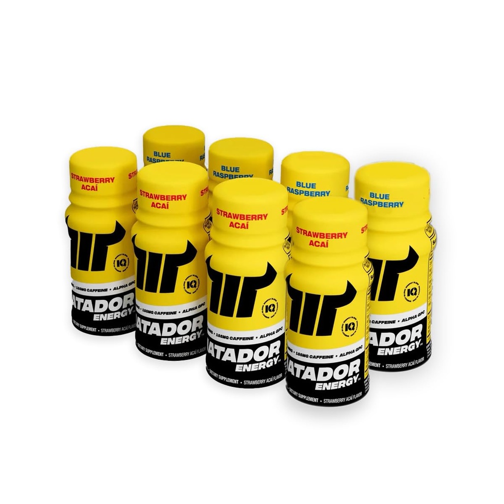 MATADOR Energy Shots - Sampler 8 Pack - Sugar Free Nootropic Natural Caffeine Energy Shot pudelid, B-vitamiini kompleks (vitamiin B3 & B12), 200 MG Alpha GPC Suurendades Kognitiivne funktsioon