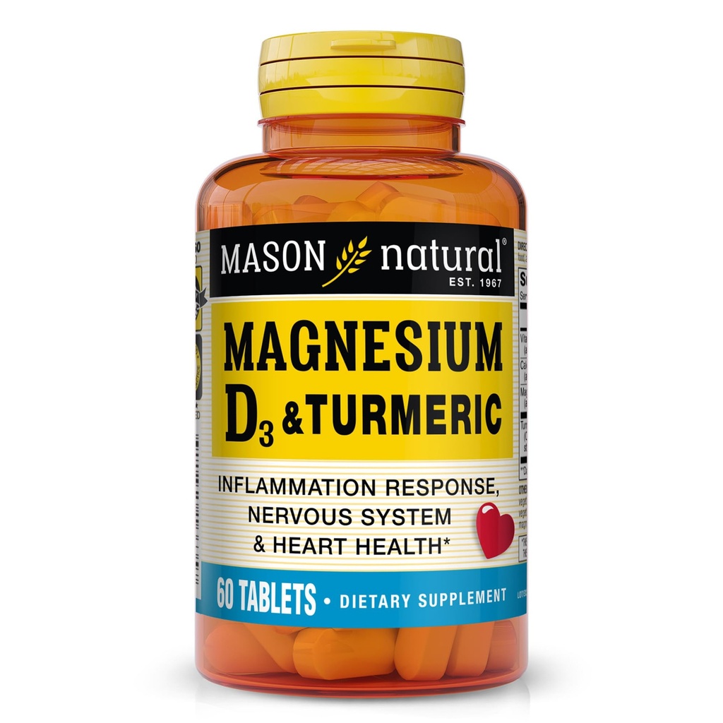 MASON LOODUSLIK Magneesium & D3-vitamiin kurkumiga, 60-päevane toidulisand 500 mg magneesiumi, 3000 IU D3-vitamiini ja 150 mg kurkumiga