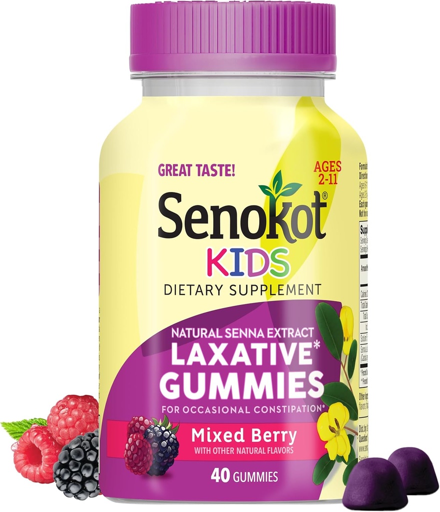 Senokot Kids Segatud Marja lahtistavad kummikud vanusele 2+, Senna ekstrakt õrnalt, üleöö leevendamine juhuslikust kõhukinnisusest, 40 ct