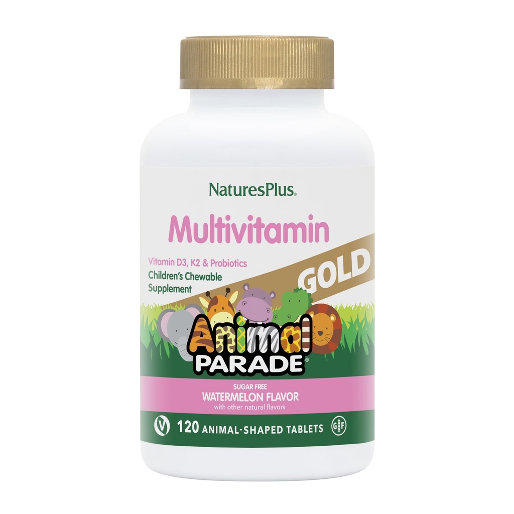 Natures Plus Animal Parade Gold Multivitamiin Laste närimistooted - Arbuusimaitse - 120 loomakujulist tabletti - D3-vitamiin, K2 ja probiootikumid - Vegan, Gluteenivaba - 60 kokku