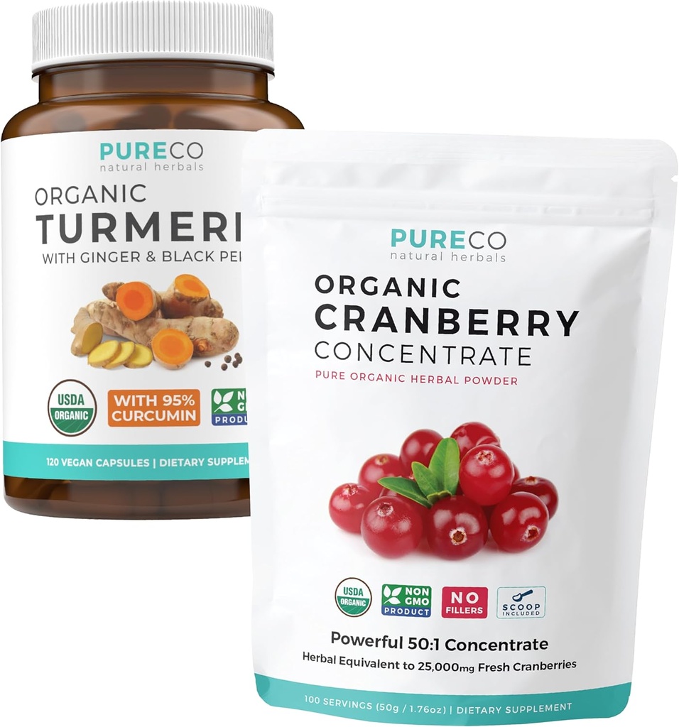 Kurkum & Jõhvikapulber (3-kuuline pakkumine) Berry Kurkum Blend Bundle orgaanilise kurkumi kurkumiini Black Pepper & Ginger (120 kapslit) & Organic Cranberry kontsentraadi pulber ekstrakt (100 Scoop)