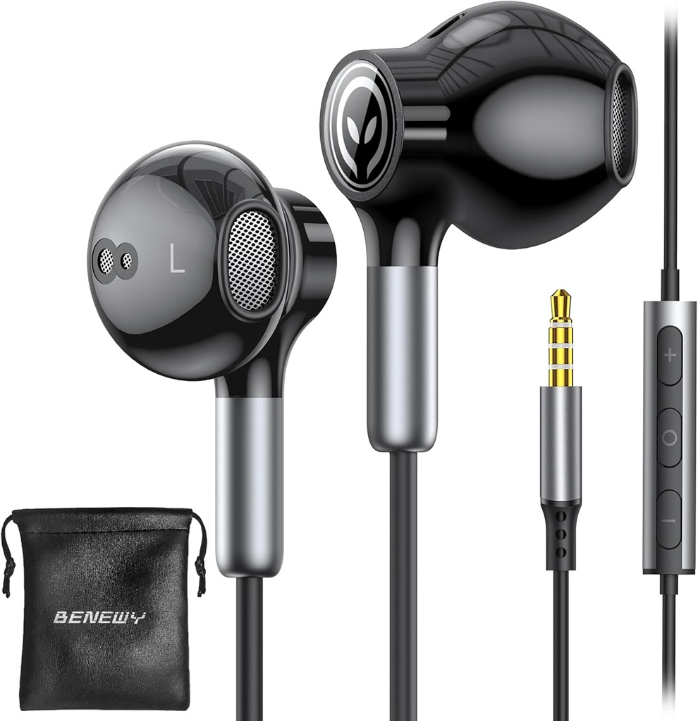 BENEWY Wired kõrvaklapid mikrofoniga, juhtmega kõrvaklapid kõrvaklappidega, helitugevuse kontroll, võimas bass ja selge heli, 3,5 mm Jack Earbuds iPhone'ile, iPadile, sülearvutile, arvutile, MP3-le