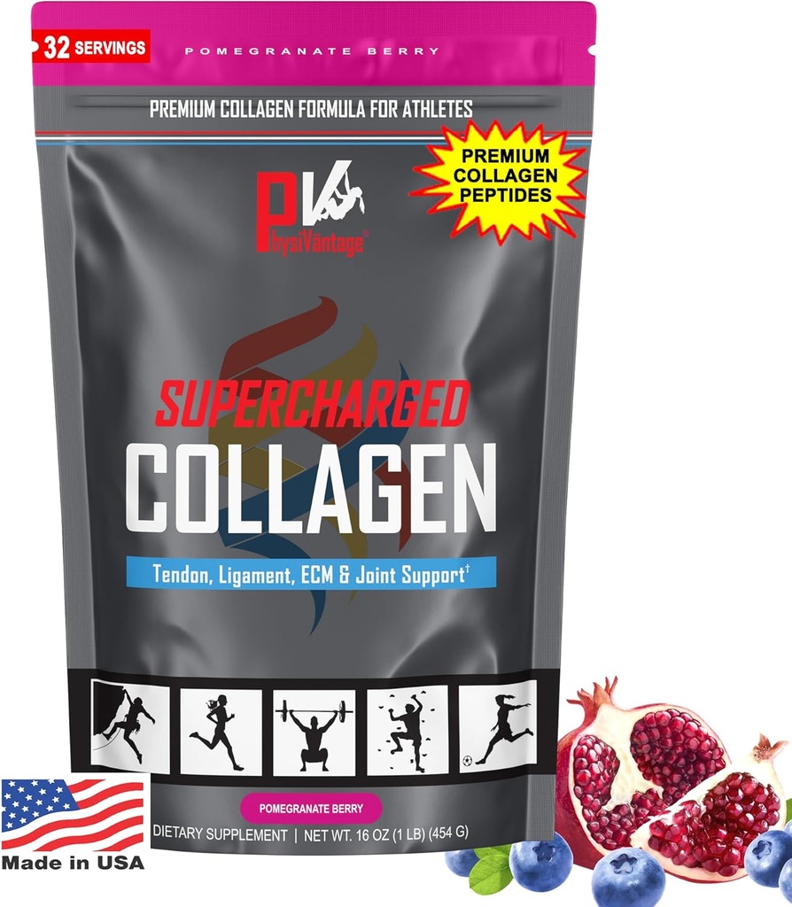 PhysiVantage Supercharged Collagen Peptides Powder - Hydrolyzed Collagen for Joint, Tendon, Ligament, & Skin Health Support - Pomegranate, Keto, Paleo, 16oz | Enhanced with Vitamin C, BCAAs, Grass-Fed