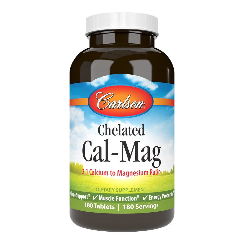 Carlson - Kelateeritud Cal-Mag, 2: 1 Kaltsiumi ja magneesiumi suhe, luude tugi, lihaste funktsioon ja energia tootmine, 180 tabletti