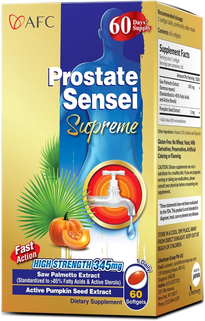 AFC Jaapan Prostate Sensei Supreme - Saw Palmetto täiendus meestele, kellel on rasvhapped ja steroolid - toetab kuseteede voolu, põie funktsiooni, juuste tervist - looduslik eesnäärme tugivorm, 2 kuu pakkumine