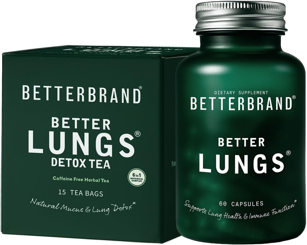 Betterbrand Better Lungs Health Pack - BetterLungs & BetterLungs Detox Tea Bundle - Daily Resporatory Health Supplement - 15X Taimne teekotid + 60 kapslit