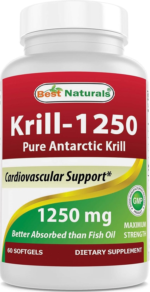 Parimad looduslikud krilliõli 1250 mg (kolmekordne tugevus) Omega-3s EPA, DHA ja Astaxanthin 60 Softgelsiga