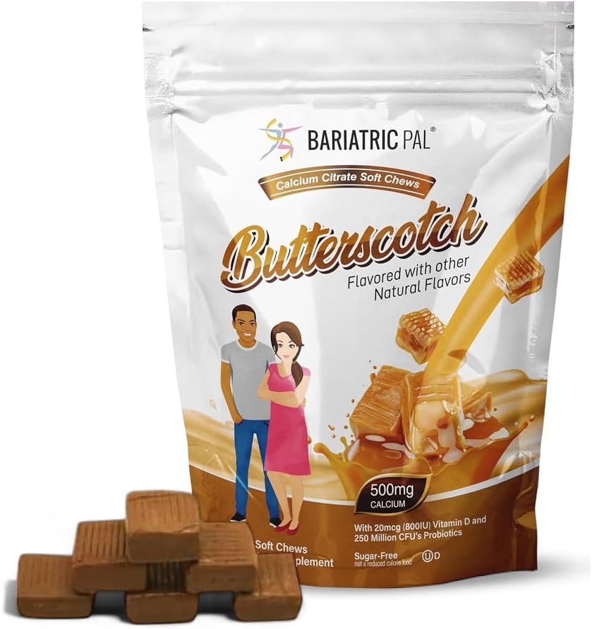 BariatricPal Sugar-Free Calcium Citrate Pehmed närimiskoogid | 500mg D-vitamiini ja probiootikumidega | Butterscotch | 90 Count (1 kuu pakkumine)