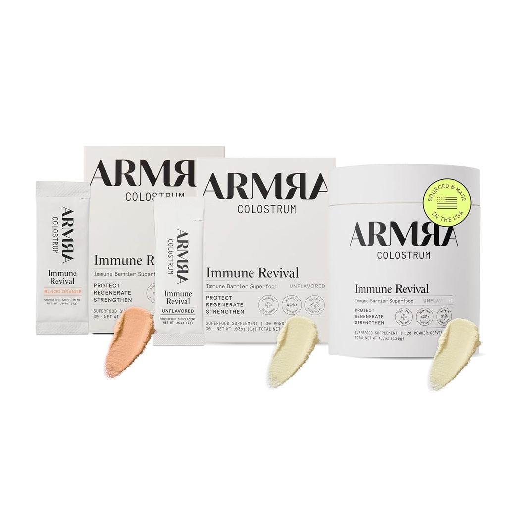 ARMRA ColostrumTM Premium Powder, Grass Fed, Soolestiku Tervise Bloating Immuunsus Nahk & juuksed, Sisaldab 400+ Bioaktiivseid toitaineid, Keto, Gluteen & Fat Free (Vereoranž, Maitsestamata Bundle | 180 Servings)