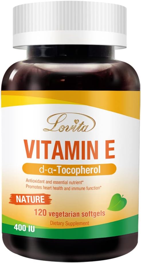 Lovita Vitamiin E 400 RÜ Softgels, Natural Vitamiin E 268 mg (D-Alfa Tokoferoolina), Vegan Vitamiin E terve naha, juuste, küünte ja immuunsüsteemi toetuseks, 120 Taimetoitlased Softgels