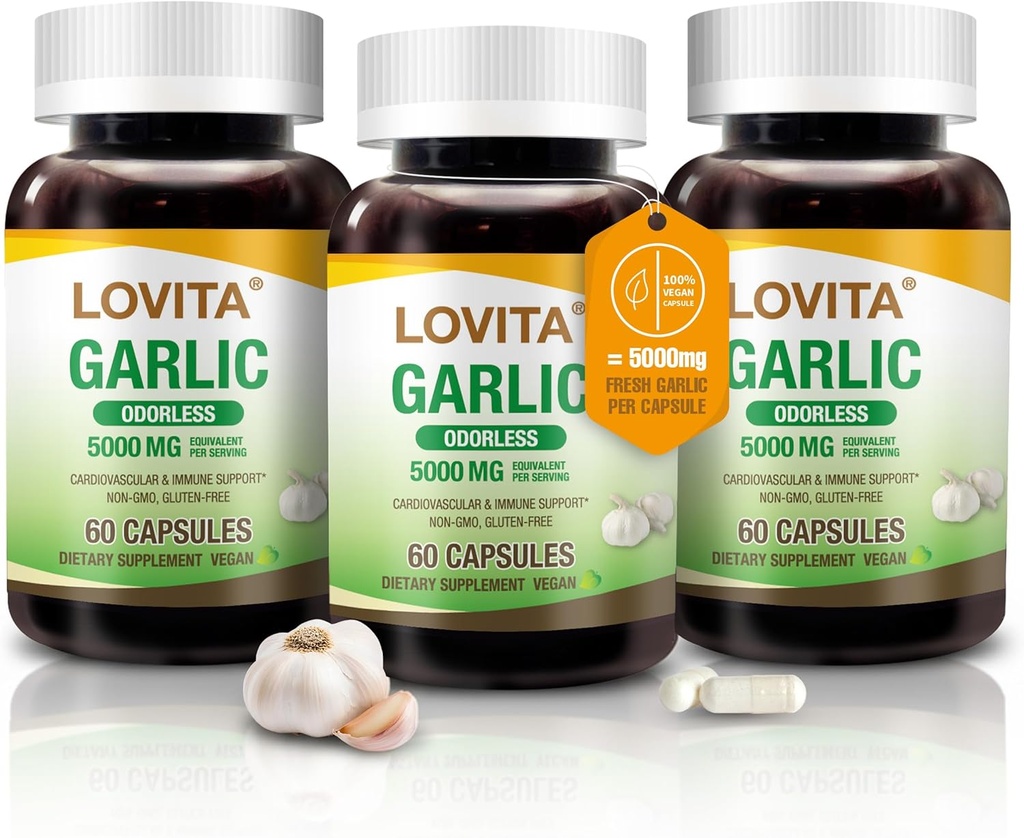 Lovita lõhnatu küüslaugukapslid, 5000 mg värske küüslaugu ekvivalent, 1,25% Allitsiini ekstrakt, toetab südant, vererõhku, kolesterooli ja immuunsüsteemi, mitte-GMO, gluteenivaba, 180 vegankapslit