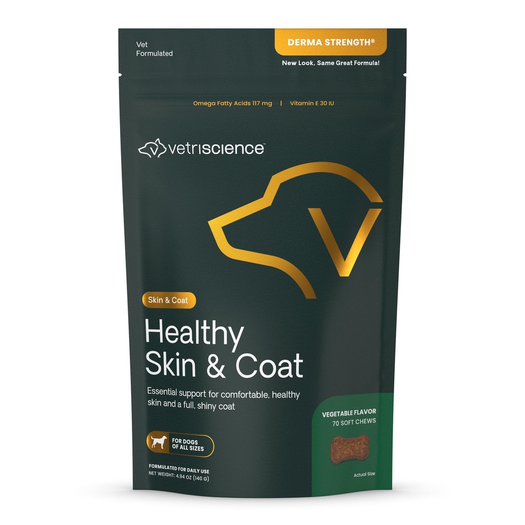VetriScience Healthy Skin & Coat Chews, Derma Tugevus Omega-3 Lõheõli Täiendus koertele, Omega Naha ja Coat Chews, Naha Tervis, Coat Growth, Kalaõli ja E-vitamiin, Veggie, 70 Count