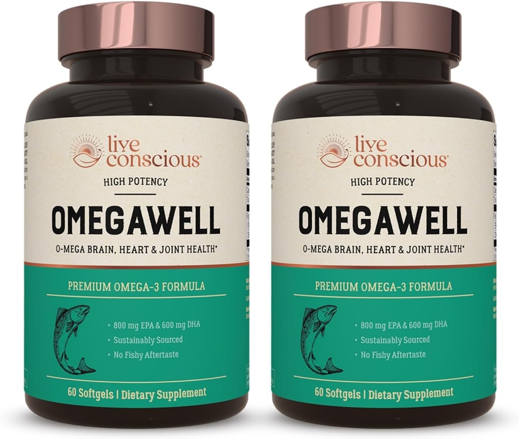 Live Conscious OmegaWell Fish Oil: Heart, Brain, and Joint Support | 800 mg EPA 600 mg DHA - Enteric-Coated, Sustainably Sourced - Easy to Swallow 120 Count (2-Pack)