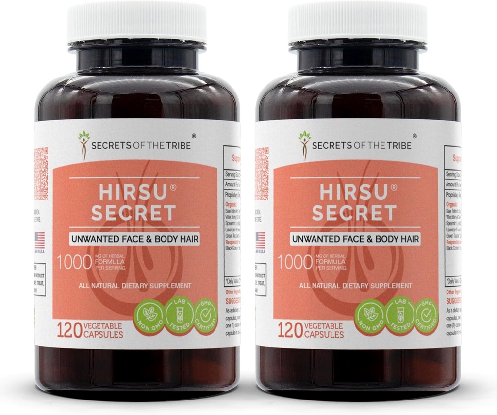 Hirsu Secret 120 kapslit (2 tk), 1000 mg, Saw Palmetto, Black Cohosh, Vitex, Spearmint, Lavendel, roheline tee. Soovimatud näo- ja kehakarvad (2x120 kapslit)