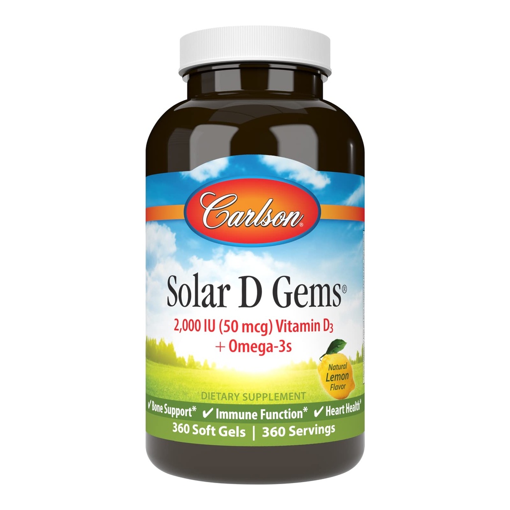 Carlson - Solar D Gems, Vitamiin D3 ja Omega-3 Supplement, 2000 IU (50 mcg) Vitamiin D3, 115 mg Omega-3s EPA ja DHA Supplement, Wild Caught, Jätkusuutlikult Allikas, Sidrun, 360 Softgels