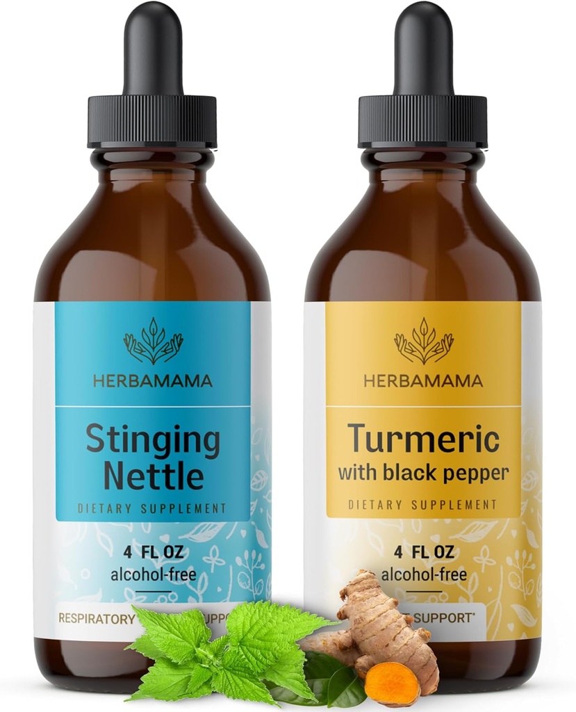 HERBAMAMA Taimsete vedelike tilgad Kit - komplekt nõgestõbi ja kurkumi kurkumiin Tinktuur 4 fl oz - Vegan, mitte-GMO, suhkur ja alkoholivaba - 2 Pack