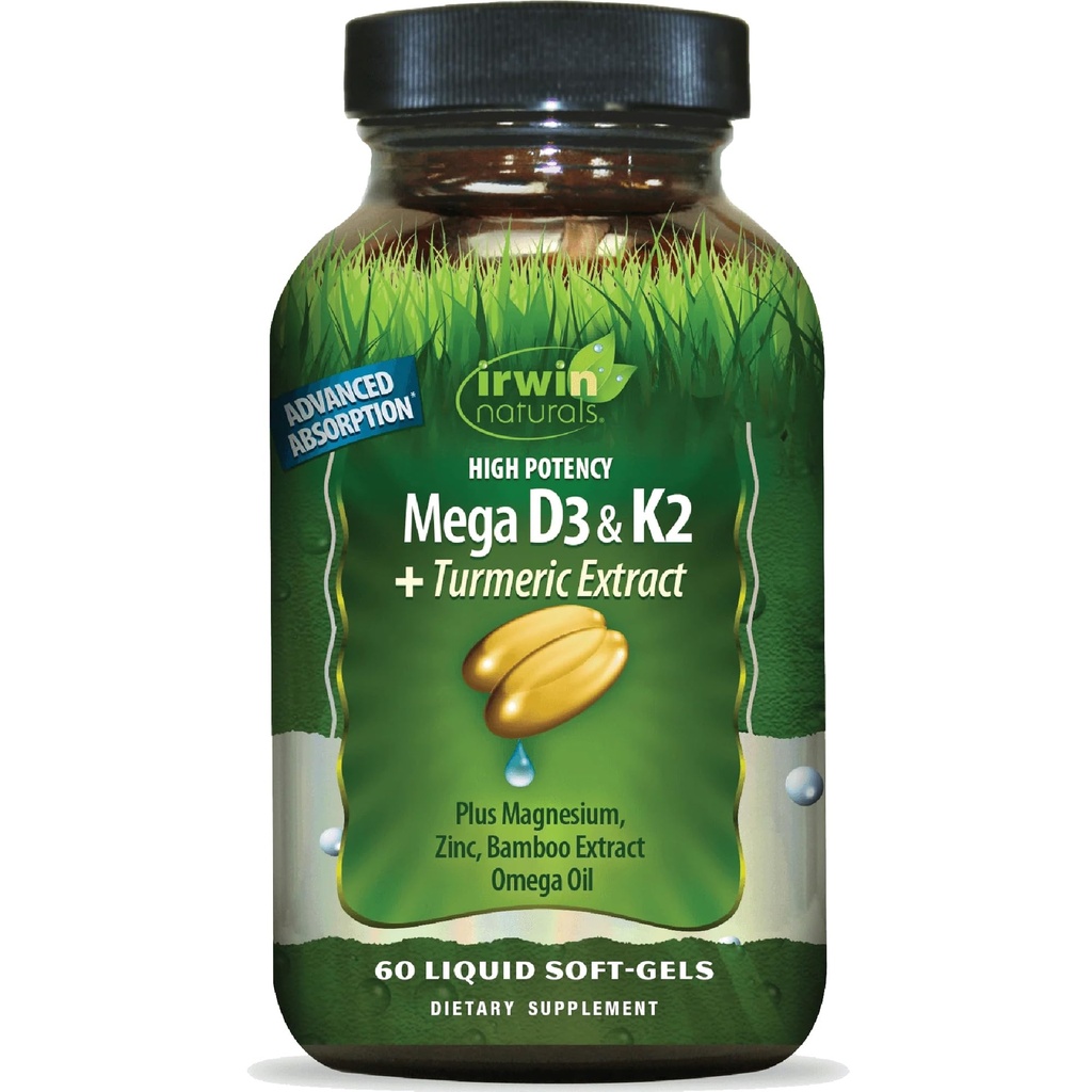 Irwin Naturals High Potency Mega D3 & K2 + Kurkum ekstrakt - 60 Vedel Softgels - Tervislik luud ja immuunfunktsioon