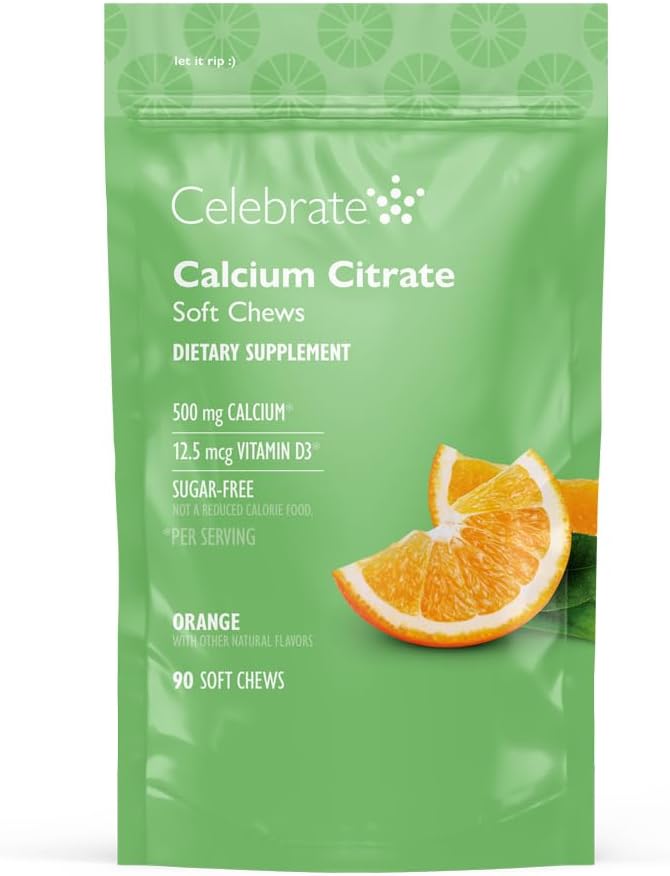 Tähistage vitamiinid Bariatric 500mg Kaltsiumtsitraat Pehmed närimiskoed 500 IU D3-vitamiiniga – olulised mao möödavoolu patsientidele ja luude tervisele - suhkur ja gluteenivaba, oranž (90 närimist)