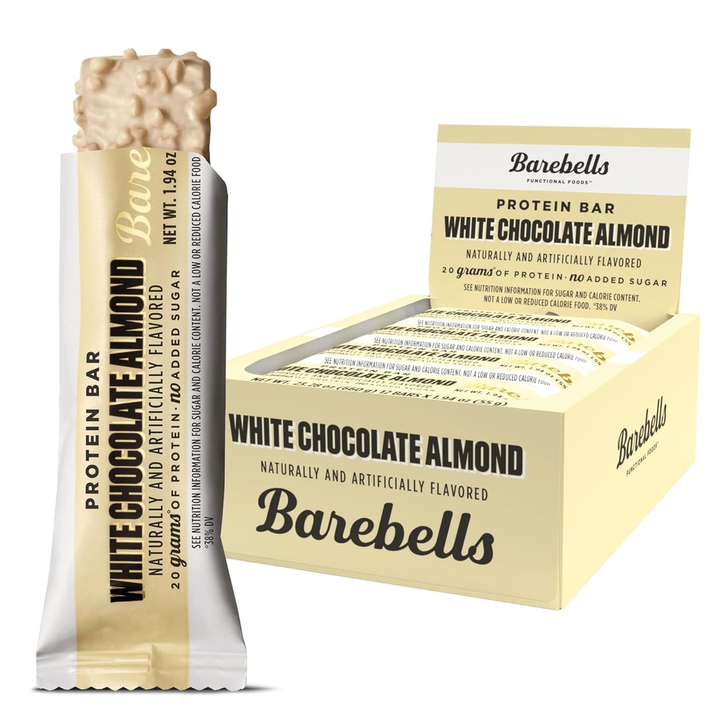 Barebells Protein Bars Valge Šokolaad Mandlid - 12 Count, 20g Kõrge Valgu Treats - Chocolate Nutrition Bar 1g Kokku Suhkrud - On-The-Go Hommikusöök või Post-Workout Snack