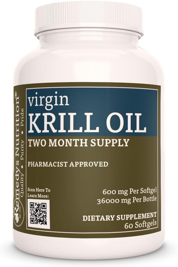 Remedy's Nutrition Virgin Krill Oil (Omega-3 rasvhapped: EPA & DHA) | 600 mg, 60 Softgels Dietary Supplement | Kahe kuu pakkumine