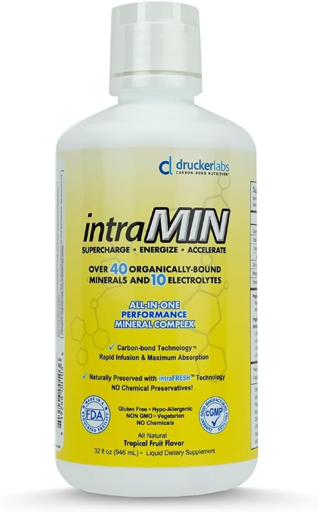 DRUCKER Labs - IntraMIN Organic Liquid Trace Minerals Dietary Supplement for Men, Women, Kids, Immune Support, Muscle Support, Non GMO, Gluten Free, Vegan, Electrolytes (32 oz., Tropical Fruit Punch)