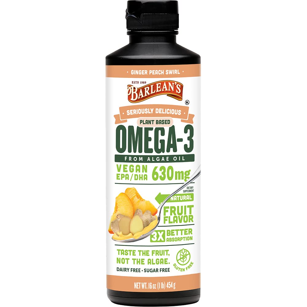 Barlean's Ginger Peach Vegan Omega 3 täiendus, vedel vetikaõli 630 mg EPA & DHA-ga, taimsed oomegad algõlist, mitte-GMO ja gluteenivaba, 16 oz