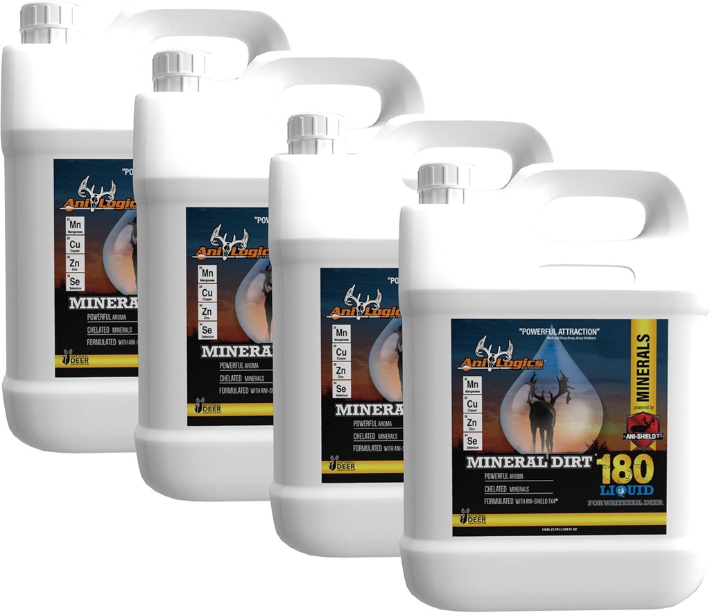 Ani-Logics Outdoors Mineral Dirt 180 Vedel Hirve Mineral - Pour-On Attractant Blocks, Logs & Stumps - Loomine Mineral Licks & Support Herd Health - 1 Gallon, 4 Pack