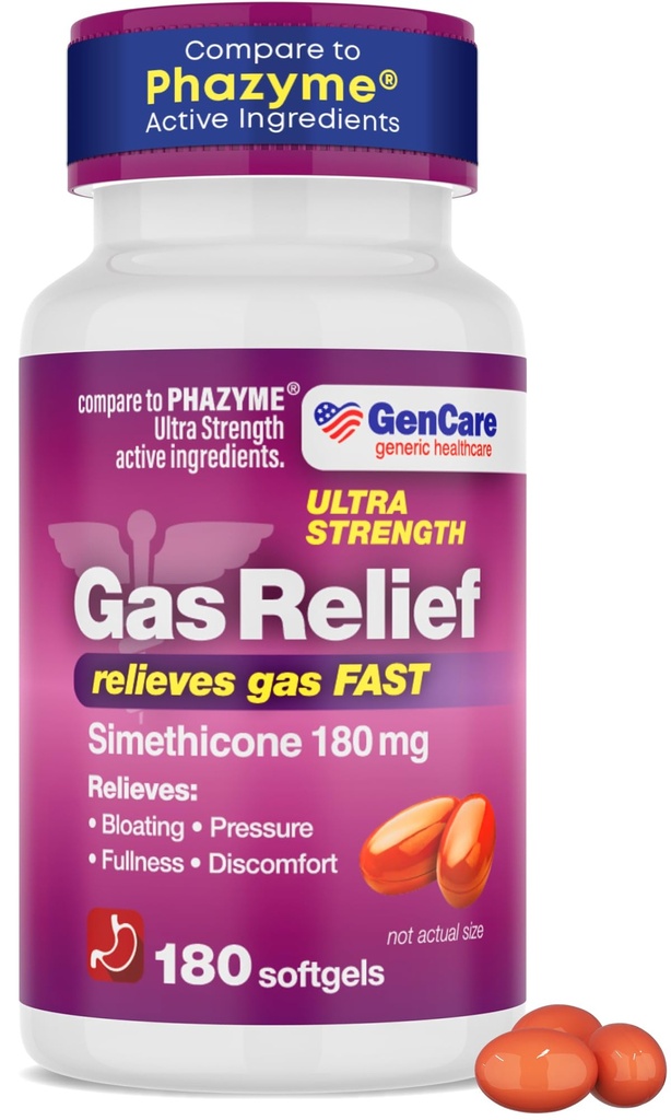 GenCare - Ultra Strength Simethicone Gas Relief 180 mg (180 Softgels) | Flatulence, Bloating Aid, Mao Ebamugavus ja gaasirõhu Reliever Pills | Leevendab gaasi Kiire | Üldine Phasym