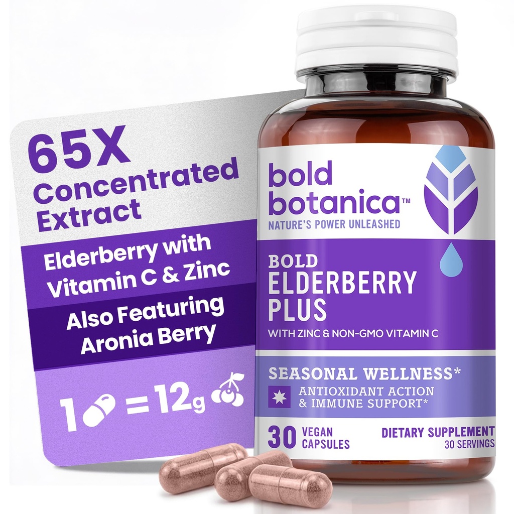 Botanica Elderberry Plus - 65x kontsentreeritud musta leedripuu ekstrakti tsink ja C-vitamiin igapäevaseks immuunsuseks ja hooajaliseks heaoluks - Non-GMO, 30 Vegan kapslit