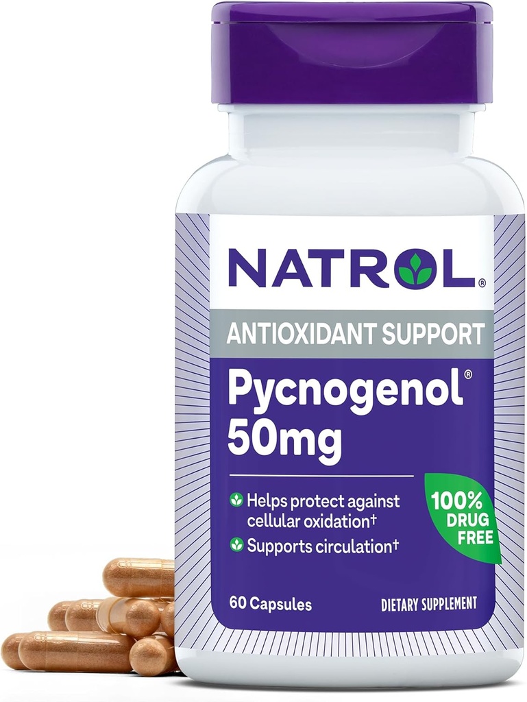 Natrol Pycnogenol kapslid, antioksüdant kaitse, täiendus kaitseb raku oksüdatsiooni ja vanusega seotud kahjustuste eest, Euroopa meremänni koore ekstrakt, toetab ringlust, 50 mg, 60 Count