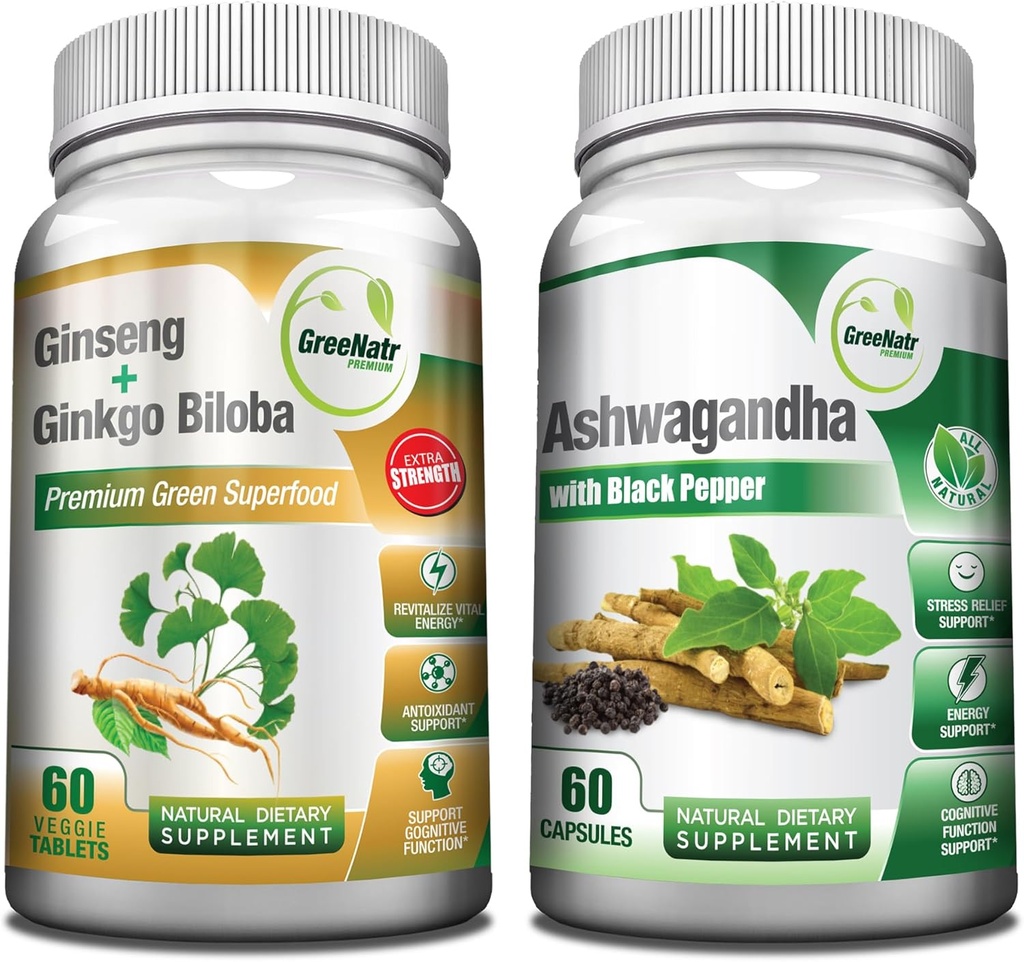 GreeNatr Premium Bundle for Holistic Well-Being: Orgaaniline Ashwagandha kapslid, Black Pepper stressi leevendamiseks, Plus ženšenn + Ginkgo Biloba tabletid, traditsiooniline energia suurendaja.