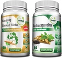 GreeNatr Premium Bundle for Holistic Well-Being: Orgaaniline Ashwagandha kapslid, Black Pepper stressi leevendamiseks, Plus ženšenn + Ginkgo Biloba tabletid, traditsiooniline energia suurendaja.