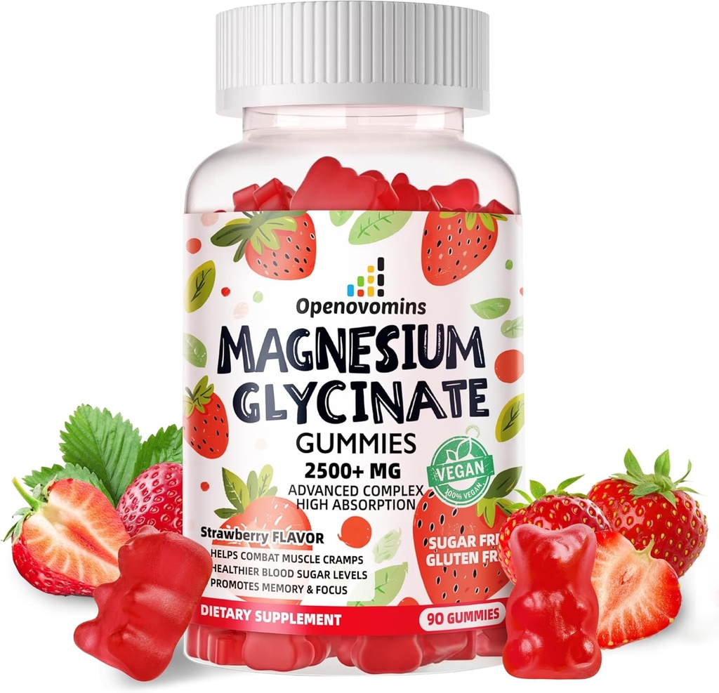 Magnesium Glycinate Gummies 2500mg - Sugar Free Magnesium Potassium Supplement with Vitamin D, B6, CoQ10 for Calm Mood & Sleep Support - 90 Strawberry Gummies