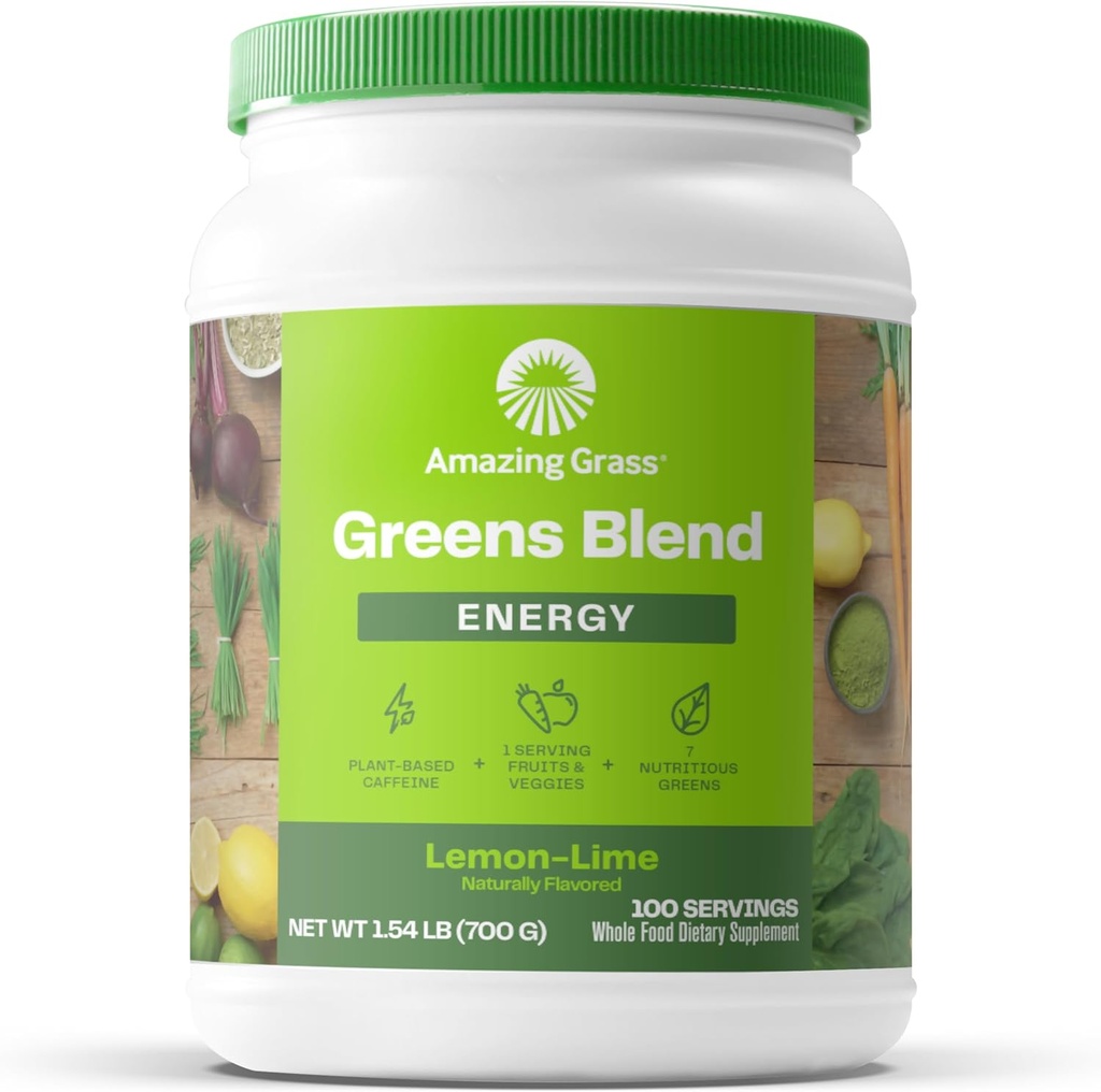 Amazing Grass Green Superfood Energy: Super Greens Powder & Plant Based Kofeiin rohelise tee, peedi juure pulber ja linaseemned, sidruni lubi, 100 Servings (pakendamine võib varieeruda)