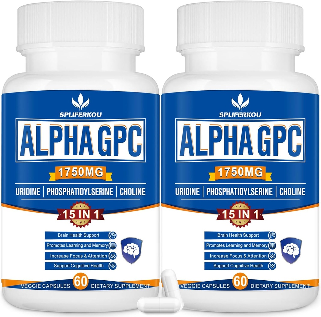 15-in-1 Alpha GPC täiendus koos fosfatidüülseriini, uridiini, L-Theanine, Lion's Mane Seene, 120 kapslit