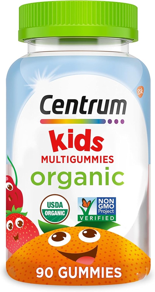 Centrum Kids' Organic Multigummies, Kids Multivitamiini Gummies, Orgaaniline Multivitamiin Lastele, kellel on olulised toitained immuunsuse toetamiseks, lihaste funktsiooniks ja aju terviseks - 90 Count