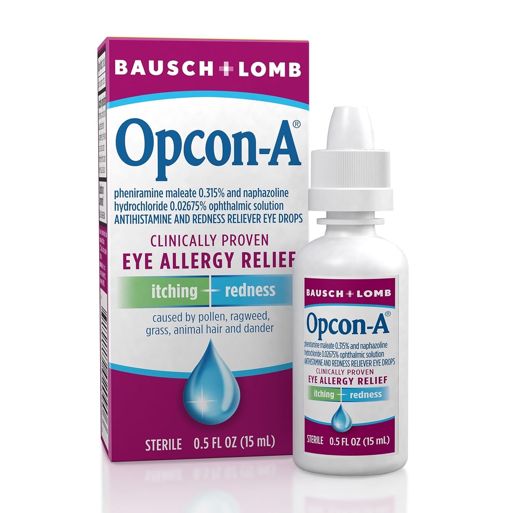 Opcon-A Allergia silmatilgad Bausch + Lomb, sügelus ja punetus leevendamiseks, punased ja sügelevad silmad Antihistamiini silmatilk, kliiniliselt tõestatud ravi, 0,5 Fl Oz