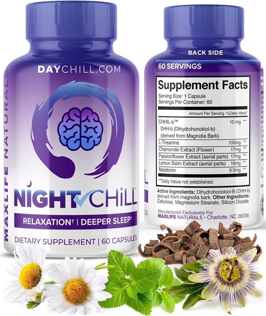 Night Chill Sleep Supplement - 60 kapslit - Restful Sleep Support DHH-B Magnolia koorest ja L-Theanine Supplement - Stress Rahulik meeleolu tugi - Unepille täiskasvanutele MaxLife Naturals