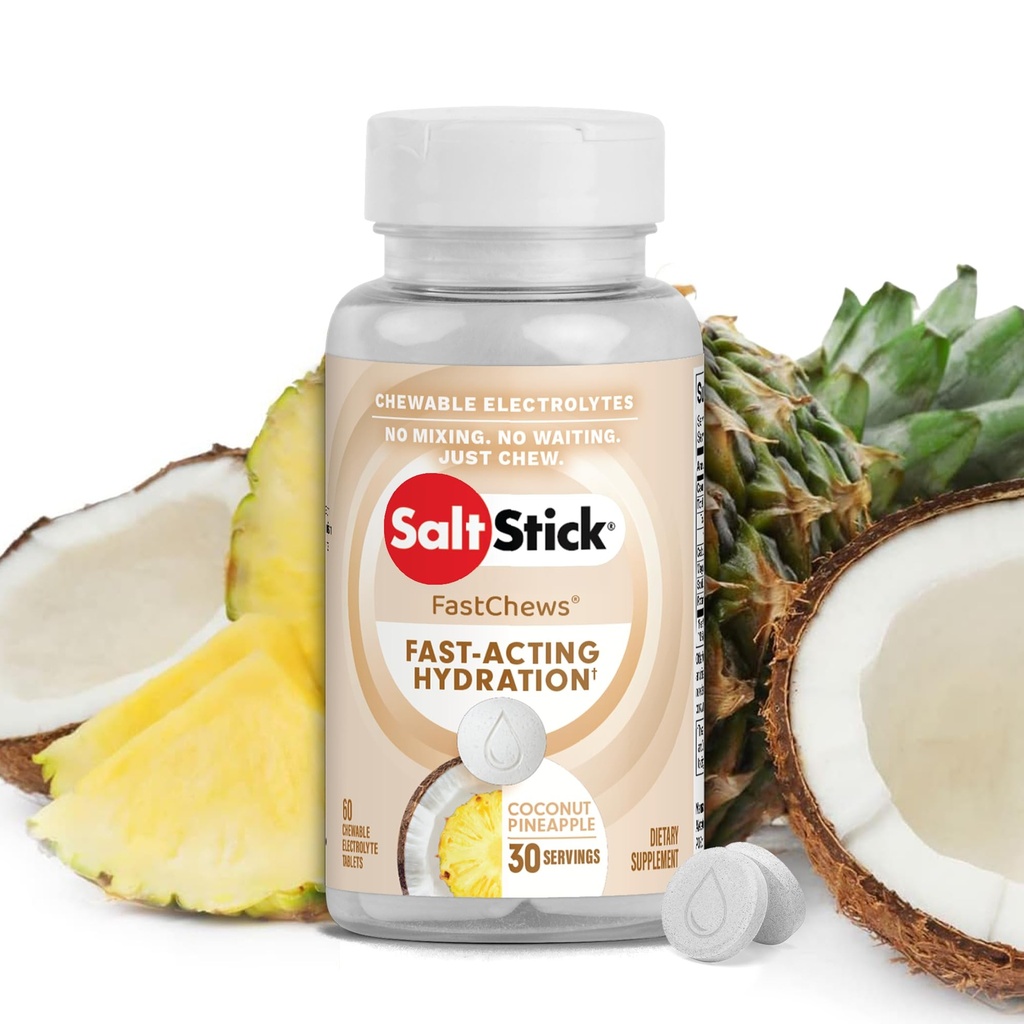 SaltStick Electrolyte FastChews - 60 kookospähkli ananassi närimiselektrolüüte - soolatabletid jooksmiseks ja hüdreerimiseks, elektrolüüte närimised - 60 loend