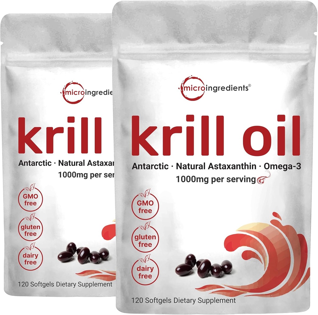 2 Pack Antarktika krillõli täiendus, 1000mg per Serving, 120 Soft-Gels igaüks, rikas Omega-3s, EPA, DHA & Astaksanthin, toetab aju tervist, Premium Krill õli kapslid Vedelad Softgels