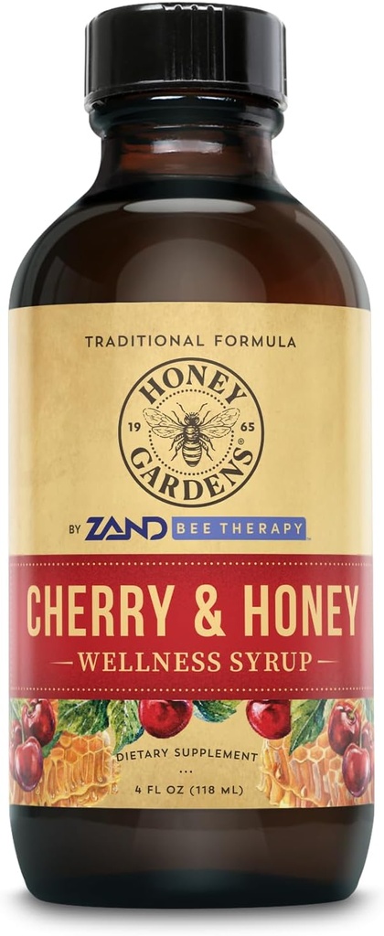 Honey Gardens Cherry & Honey rahustav kurgu siirup, apiteraapia valem orgaanilise toores mesi, orgaaniline õunasiidri äädikas, must kirss ja taimsed ekstraktid, 24 Servings, 4 FL. OZ.