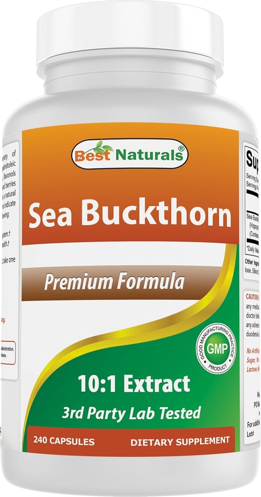 Best Naturals Sea Buckthorn Oil Powder Extract 10: 1 500 mg 240 Kapslid - Non-GMO, Gluteenivaba - Sisaldab Looduslikult Omega-7 Palmetoleiinhapet