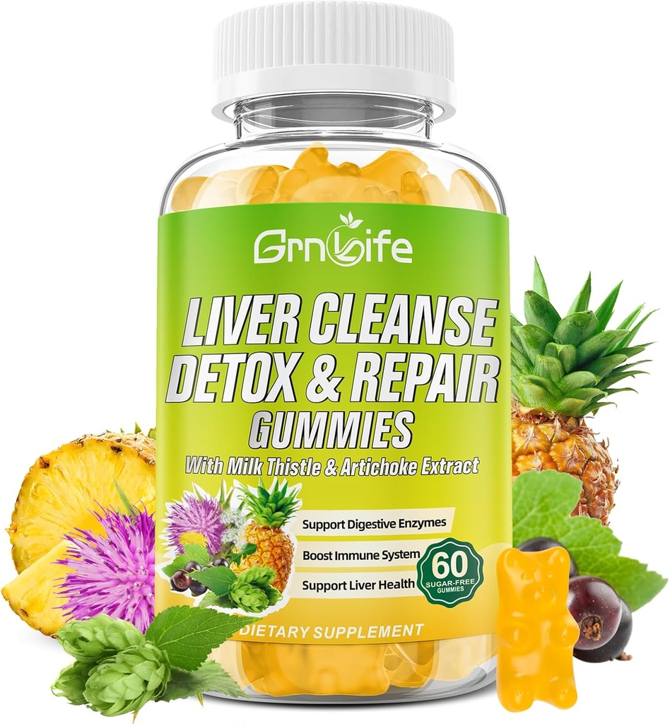 Maksa puhastamine Detox & remont Gummies piimaohakaga 3000mg, 24-in-1 Maksa tervise täiendus koos Dandelioni, artišoki, suhkruvaba maks Detox Gummies, ananassimaitse - 60 Count