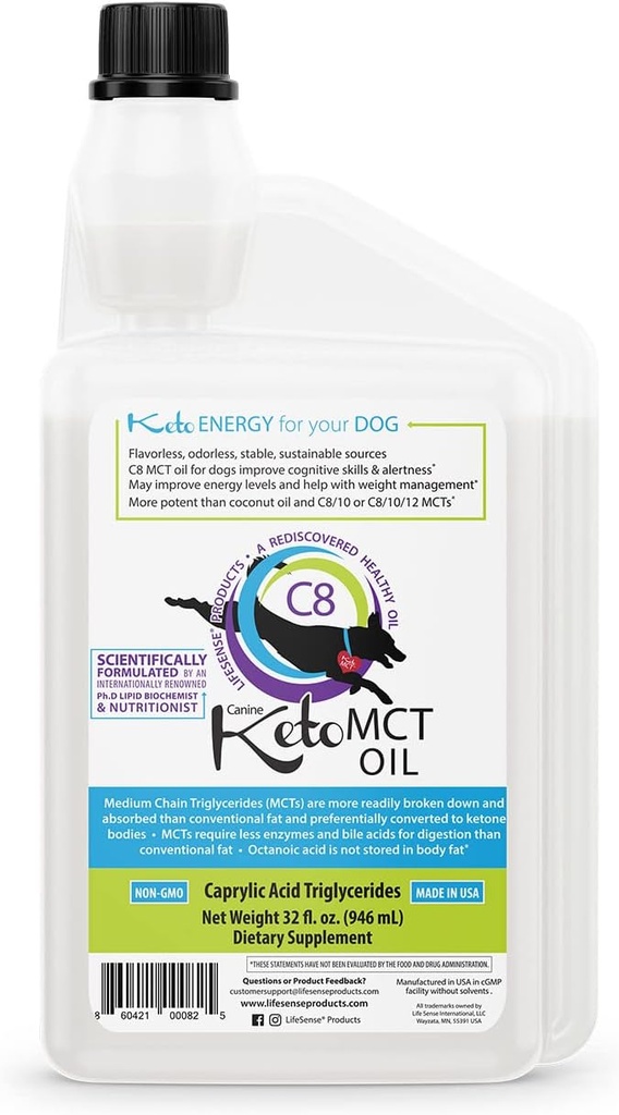 LifeSense C8 MCT Oil for Dogs, Keto-Friendly, Sourced from Coconut Oil, Human Grade, 32 oz, Made in USA by PhD Nutrition, Dog Optimal Fuel for The Brain and Body