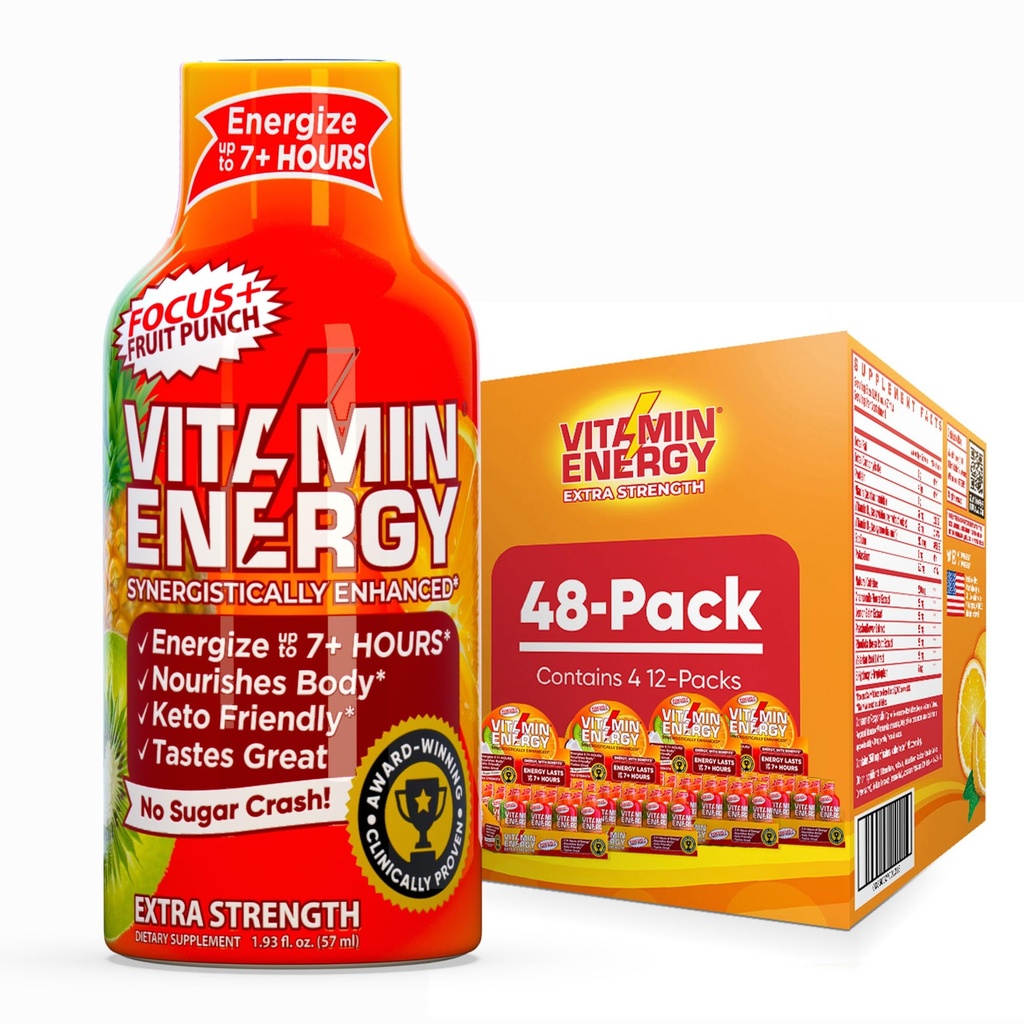 Vitamiinienergia fookus + ekstra tugevus Energia Shot Fruit Punch 48 Pack, 260mg looduslik kofeiin, B-vitamiinid, CoQ10, aminohapped, fookus, tootlikkus ja selgus, nullsuhkur, gluteenivaba, 1,93 fl oz