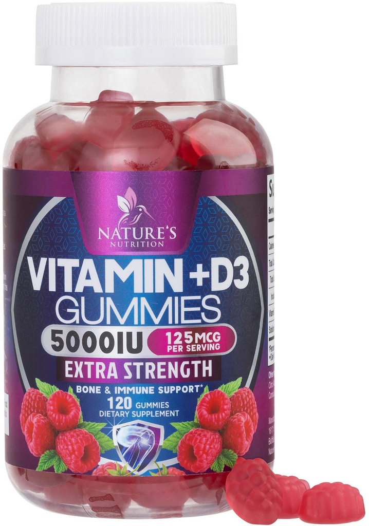 Vitamiin D3 täiendus Gummy 5000 RÜ (125 mcg) Dieet Vitamiinid D meestele ja naistele - Luud, hambad, lihased ja immuunsuse tervise toetamine, kõrge potentsi VIT D3 Looduse mitte-GMO ja gluteenivaba - 120 Gummies