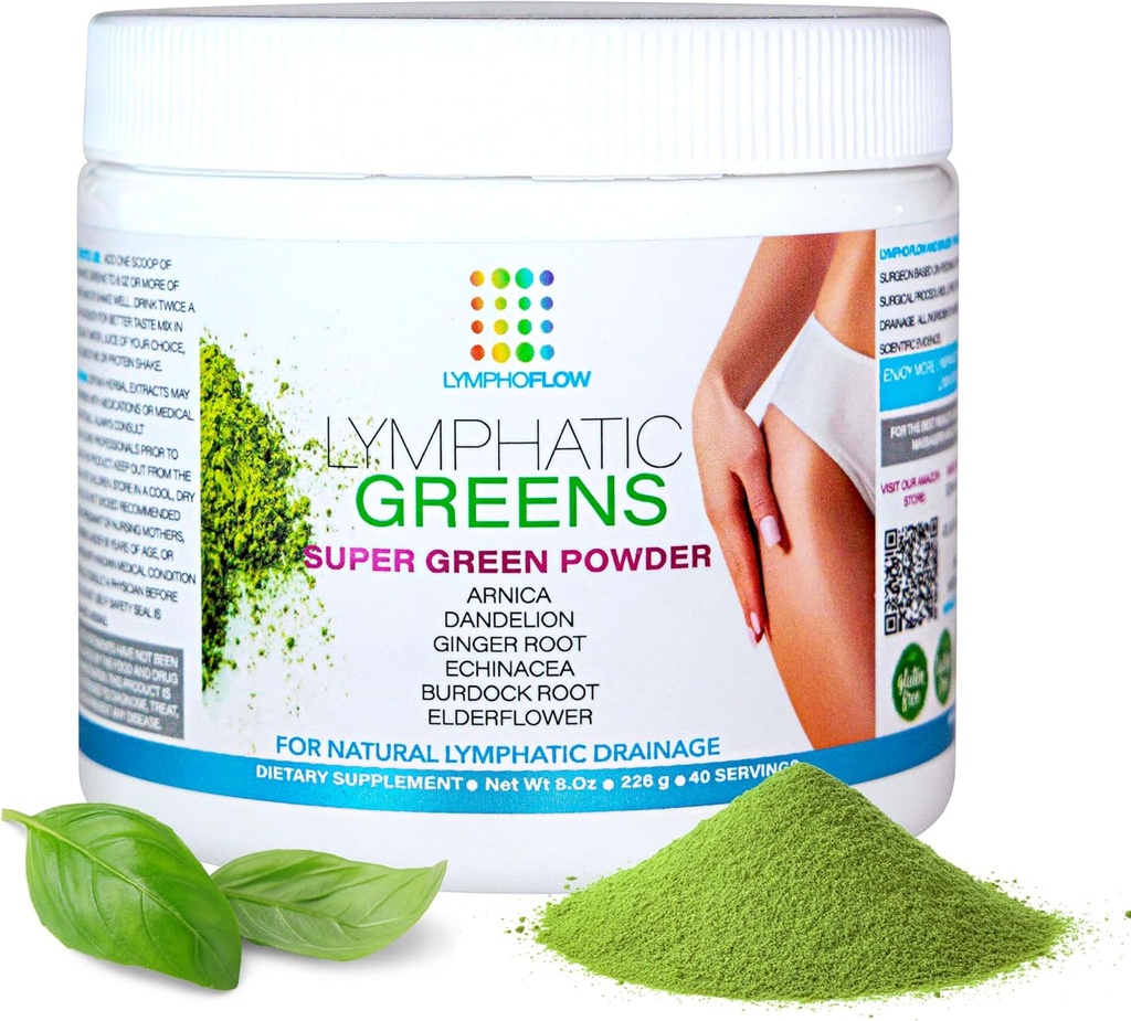 Bruizex Lymphatic Greens: Superfood Powder Supplement for Lymphatic Drainage & Lymph Support I Post Liposuction, BBL, Lipedema, Massage I töötab koos Faja, Lipo Foam, Massager, Oil I Vegan I 8 Oz